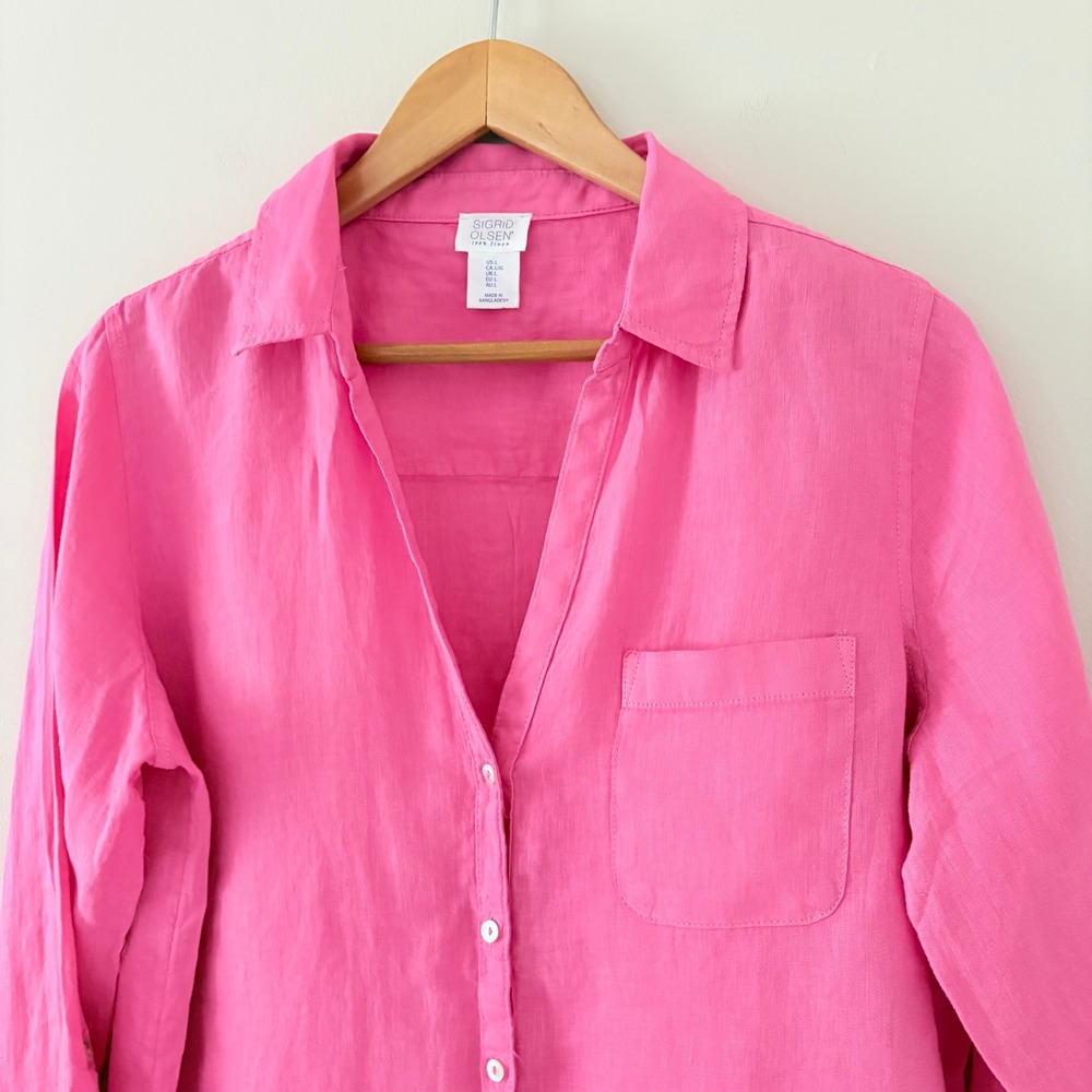 Sigrid Olsen Shirt Large Pink Linen Button Down Roll Tab Tunic Long Sleeve Top - Picture 6 of 8